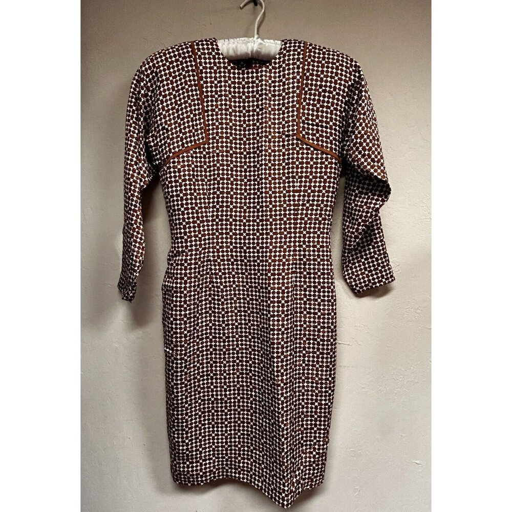 Vintage Julie Francis Brown Geometric Print Silk Shift Dress Sz 4 Dolman Sleeve